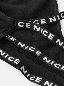 Lightweight Sports Comfy Soft Seamless No-Padded Letter Strap Wireless Bralette, Backless, Layering, Black, Music Festival, Party, Going-Out-Top, Teen Girls Underwear, Back To School - Black - View 3