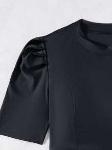 Swim Mulvari 2pcs/Set New Summer Solid Black Round Neck Short Sleeve Swimsuit And Shorts Burkini Set - Black - View 6