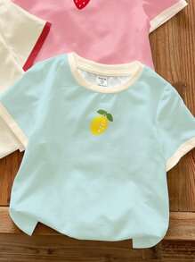 SHEIN 4pcs Baby Girl Cute Dopamine Colorful Fruit Cherry, Strawberry, Lemon, Flower Graphic Casual Round Neck Short Sleeve T-Shirts, Suitable For Spring/Summer