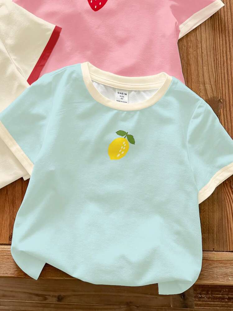 SHEIN LMoss Kids 4pcs Baby Girl Cute Dopamine Colorful Fruit Cherry, Strawberry, Lemon, Flower Graphic Casual Round Neck Short Sleeve T-Shirts, Suitable For Spring/Summer - Multicolor - View 3