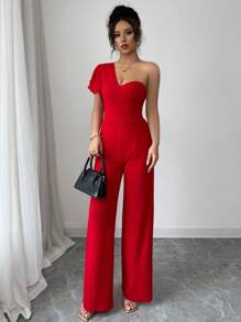 Rafferiza French Style Ruffle Trim Cinched Waist High-Rise Wide Leg Women Jumpsuit - Red - View 6
