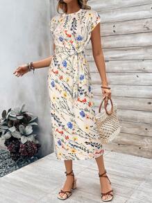 Breezaya 条纹印花结饰圆领短袖夏季长裙女装 - 彩色 - 查看 5