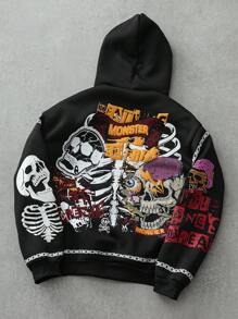 PAVTROS Manfinity Streetrush Men's Gothic Skull Street Style Thermal Lined Hoodie, Graphic Hoodie, Long Sleeve Top