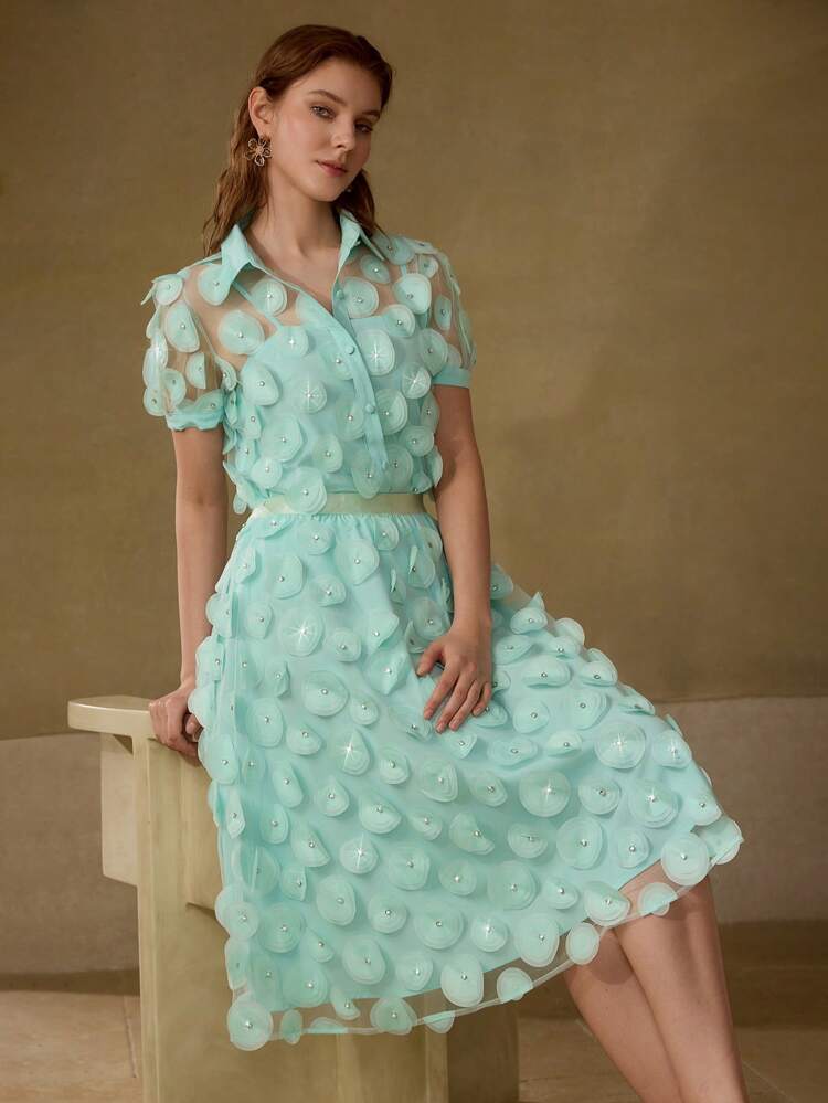 RHINESTONE DETAIL APPLIQUES CONTRAST MESH ELEGANTL SPRING SKIRT