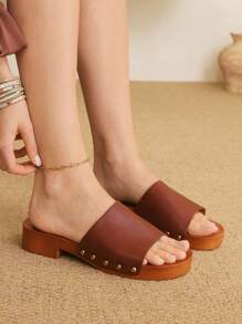 Styleloop Women's Round Toe Slip-On High Heel Sandals, Outdoor/Commuting, PU Chunky Heel In Brown - Rust Brown - View 6