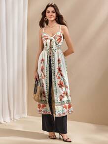 Almamuse 女士优雅花卉吊带无袖上衣，配蝴蝶结和侧开衩下摆 - 彩色 - 查看 6