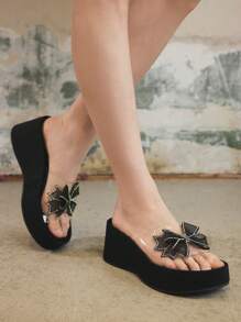 Sugerpunk Women's Summer New Plus Size Wedge Heel Butterfly Transparent PVC Slide Sandals, Plus Size Black Wedge Shoes - Black - View 4