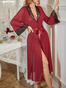 SHEIN Women's Lace Panel Long Sleeve V-Neck Silver Wire Mesh Robe, Fashionable - Burgundy - View 7