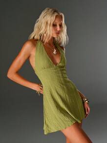 TRNVIE Deep V-Neck Hollow-Out Jacquard Mini Beach Dress For Women, Green - Green - View 7