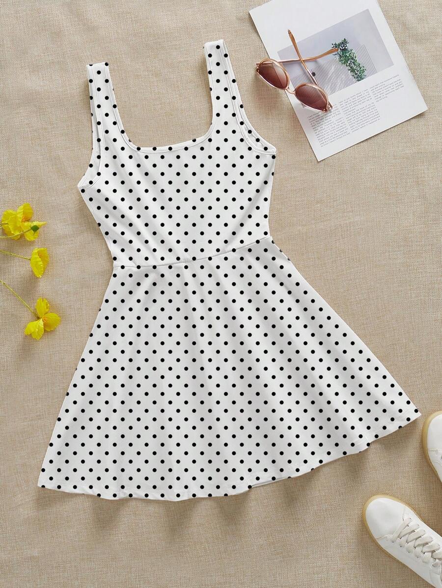 SHEIN EZwear 女士休闲复古波尔卡圆点迷你连衣裙，适合夏季，复古经典波尔卡圆点，复古经典女孩 - 彩色 - 查看 1