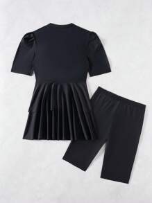 Swim Mulvari 2pcs/Set New Summer Solid Black Round Neck Short Sleeve Swimsuit And Shorts Burkini Set - Black - View 3