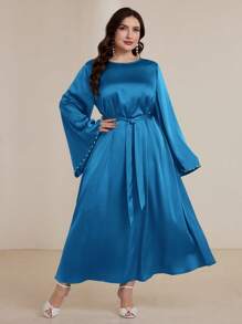 Graceveil Plus Size Women Flared Sleeve Pearl Beaded Arabic Style Dress Modest