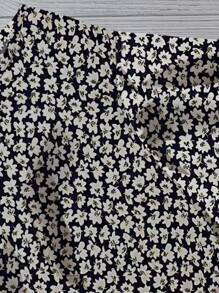 SHEIN LUNE 大码女式碎花荷叶边袖休闲衬衫 - 藏蓝色 - 查看 5