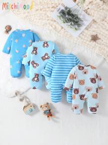 4-Piece Newborn Baby Cute Bear Print Simple Stylish Long Sleeve Romper Outfit Set