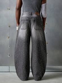 NEON BLANC Jeans anchos de color gris con lavado de sal y decoración de strass, una prenda esencial de la moda callejera para hombres - Gris - Ver 2