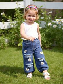 Baby Girl Casual Fashion Floral Print Distressed Comfortable Elastic Waist Jeans, 2025 Spring/Summer New Collection, Suitable For Daily Wear - Medium Wash - View 1