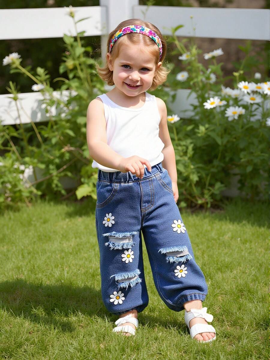 Baby Girl Casual Fashion Floral Print Distressed Comfortable Elastic Waist Jeans, 2025 Spring/Summer New Collection, Suitable For Daily Wear - Medium Wash - View 1