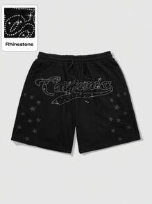 ROMWE MEN Street Life Men's Letter & Rhinestone Star Print Drawstring Waist Casual Shorts - Black - View 1