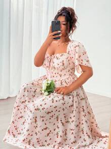 Flirla Summer Women Romantic Elegant Vacation French Style Ditsy Floral Ruffled V-Neck Sexy Bowknot Decorative Fish Bone Gathered Waist Slim Long Dress, Soft And Graceful