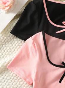 Bộ 2 chiếc áo thun tay ngắn cổ vuông đơn giản thoải mái họa tiết khối màu đơn giản cho bé gái tuổi teen - Màu Hồng baby - Xem 5