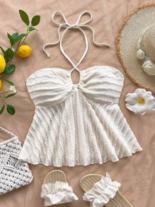 Soleia 女士米色纹理 V 领露背系腰 A 字休闲吊带上衣，适合度假、派对、约会、下午茶、海滩、夏季 - 杏色 - 查看 5