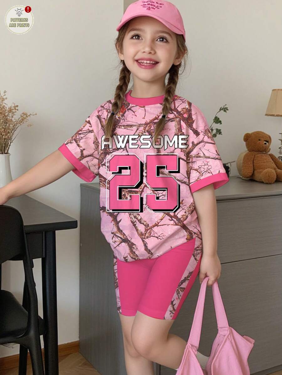 SHEIN 2 件套年轻女孩休闲简约粉色叶子迷彩字母条纹印花短袖 T 恤和短裤套装，适合夏季 - 彩色 - 查看 1