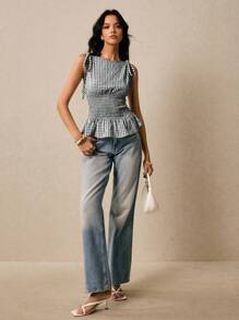 Poéselle 女士束腰格纹上衣，圆领，腰部系带，荷叶边下摆，肩部系带，吊带背心，夏季可爱Y2K风格服装