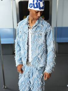 PAVTROS Manfinity Streetrush 男式磨边单排扣休闲牛仔宽松夹克，夏季外出派对舞会街头，Emo 风格，适合秋季 - 淺色水洗藍 - 查看 5