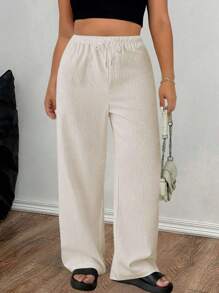 SHEIN PETITE Pantalones rectos informales sueltos de unicolor con cordón en la cintura para mujer talla grande