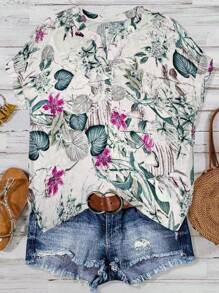 SHEIN LUNE Áo cánh rộng tay ngắn in họa tiết hoa cổ điển cỡ lớn cho nữ, mùa xuân/hè - Màu Hồng Tươi - Xem 1