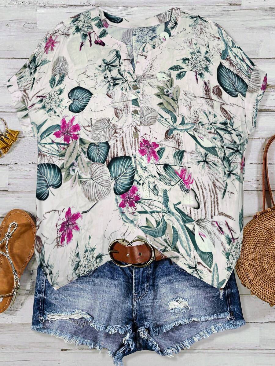 SHEIN LUNE Áo cánh rộng tay ngắn in họa tiết hoa cổ điển cỡ lớn cho nữ, mùa xuân/hè - Màu Hồng Tươi - Xem 1