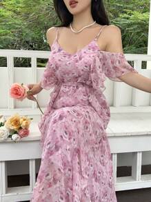 Modelyn Women's Summer Chiffon Pink Floral Dress,Elegant Ruffle Off Shoulder Strap Wedding Guest Dress,Holiday Tea Party Summer Outfits Graduation Dress - Dusty Pink - View 2