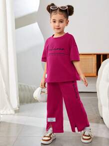 Young Girls & Toddler Girls Casual Matching Mother-Daughterl Summer Slogan Print Dropped Shoulder T-Shirt And Casual Pants 2pcs/Set, Casual Outfits Tracksuit 2 Pieces Lounge Set, Suitable For Walking/Sports/Back To School & Everyday Casual Wear, Casual Outfit, Great For Casual & Daily Wear & School Daily In Spring And Autumn,Mom And Daughter Matching,Sister And Me Matching. - Hot Pink - View 4