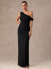 Silquee 女士纯色不对称领口优雅长款夏季连衣裙 - 白色 - 查看 1