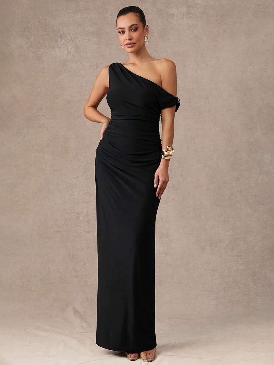 Silquee 女士纯色不对称领口优雅长款夏季连衣裙 - 白色 - 查看 1