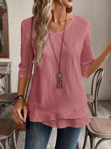 EMERY ROSE Plus Size Asymmetric Hem Grey Pink Country Shirts Fall Clothes - Redwood - View 3