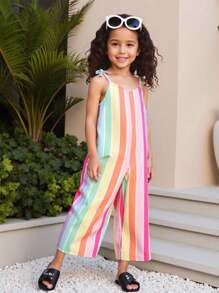Toddler Girls' Holiday Style Woven Colorful Striped Digital Floral Print Spaghetti Strap Jumpsuit With Bow Decor, Suitable For Daily Wear, Outings, Beach Vacations, Family Gatherings Summer Holiday - Multicolor - View 3