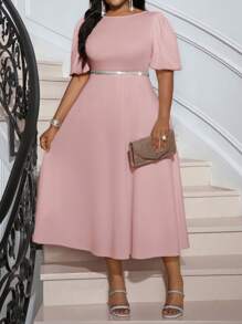 SHEIN Lady 春夏优雅通勤办公室粉色针织圆领喇叭泡泡袖中长短袖大码连衣裙女士办公室服装女士连衣裙优雅夏季女士服装 - 粉色 - 查看 4