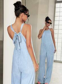 SHEIN ICON 阔腿牛仔连体裤，适合夏天的时尚 - 淺色水洗藍 - 查看 5