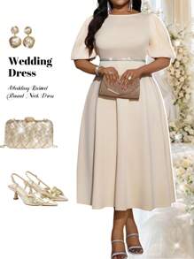 Fleurora 春夏优雅通勤办公室卡其色针织圆领喇叭泡泡袖中长短袖大码连衣裙女士办公室服装女士连衣裙优雅女士夏季服装