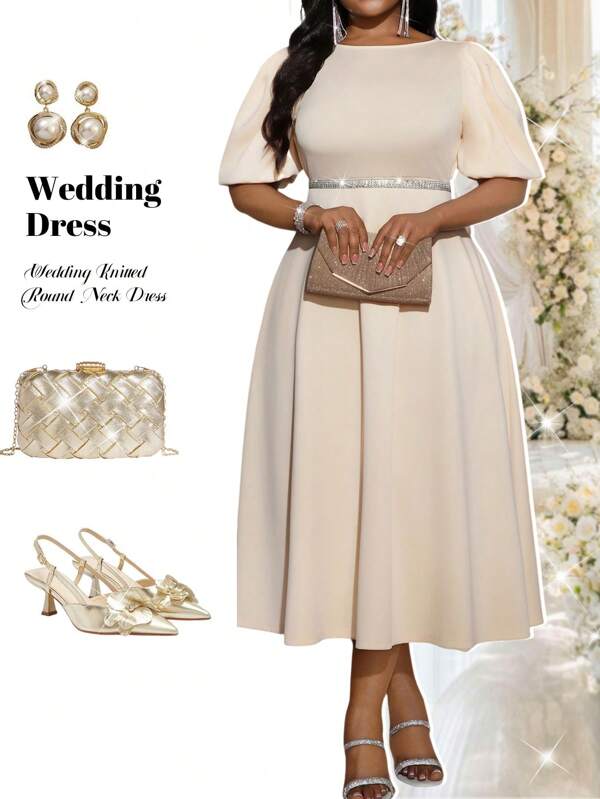 Fleurora 春夏优雅通勤办公室卡其色针织圆领喇叭泡泡袖中长短袖大码连衣裙女士办公室服装女士连衣裙优雅女士夏季服装