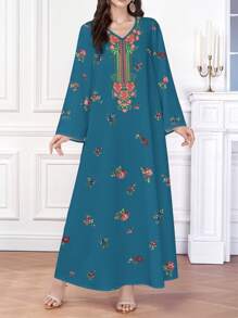 Al Najma 女士优雅位置印花阿拉伯风格长袖 V 领连衣裙，朴素的卡夫坦 - 彩色 - 查看 1