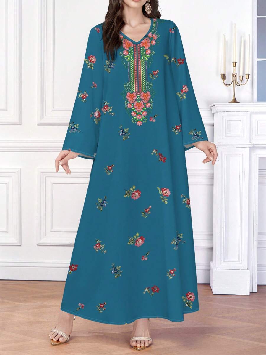 Al Najma 女士优雅位置印花阿拉伯风格长袖 V 领连衣裙，朴素的卡夫坦 - 彩色 - 查看 1