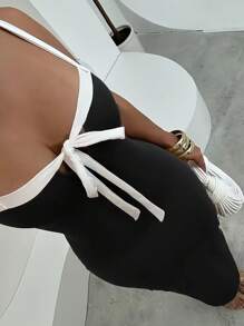 INAWLY Đầm dài thanh lịch hở lưng màu khối gợi cảm thắt nơ buộc dây cho nữ - màu đen - Xem 1