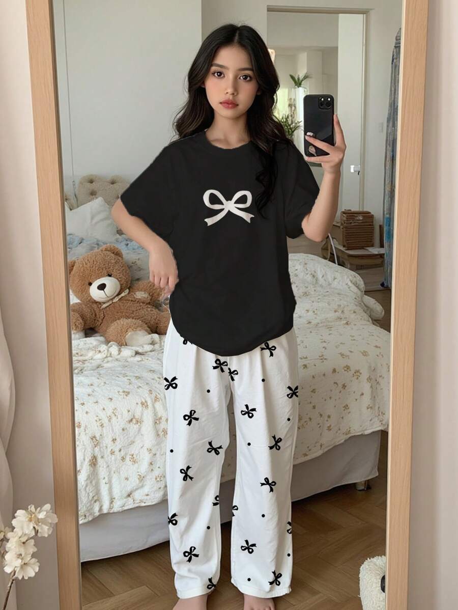 SHEIN Leap Crew 青少年女孩休闲蝴蝶结装饰简约圆领短袖长裤睡衣套装,适合夏季 - 彩色 - 查看 1
