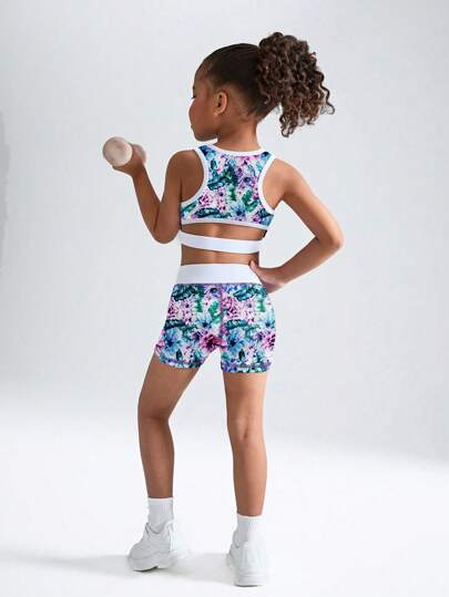 SHEIN Young Girls Floral Printed Sleeveless Top And Shorts Activewear Set, Pink, Purple And Blue, Suitable For Holiday, Sports, Outdoor Activities, All Seasons Workout Clothes For Kids Girls Activewear Kids Workout Clothes Young Girls Athletic Sets Girls Active Wear Girls Workout Set Girls Activewear Set Girls Biker Short Set Tween Girl Workout Set Girls Yoga Set