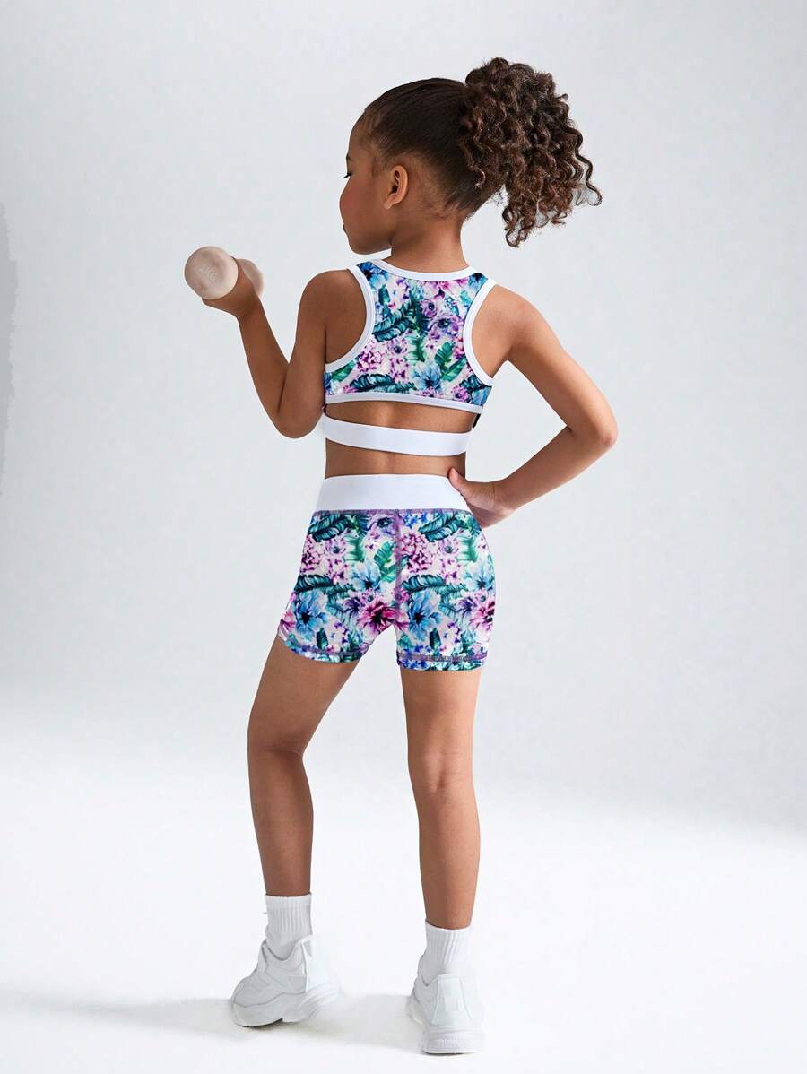 SHEIN Young Girls Floral Printed Sleeveless Top And Shorts Activewear Set, Pink, Purple And Blue, Suitable For Holiday, Sports, Outdoor Activities, All Seasons Workout Clothes For Kids Girls Activewear Kids Workout Clothes Young Girls Athletic Sets Girls Active Wear Girls Workout Set Girls Activewear Set Girls Biker Short Set Tween Girl Workout Set Girls Yoga Set