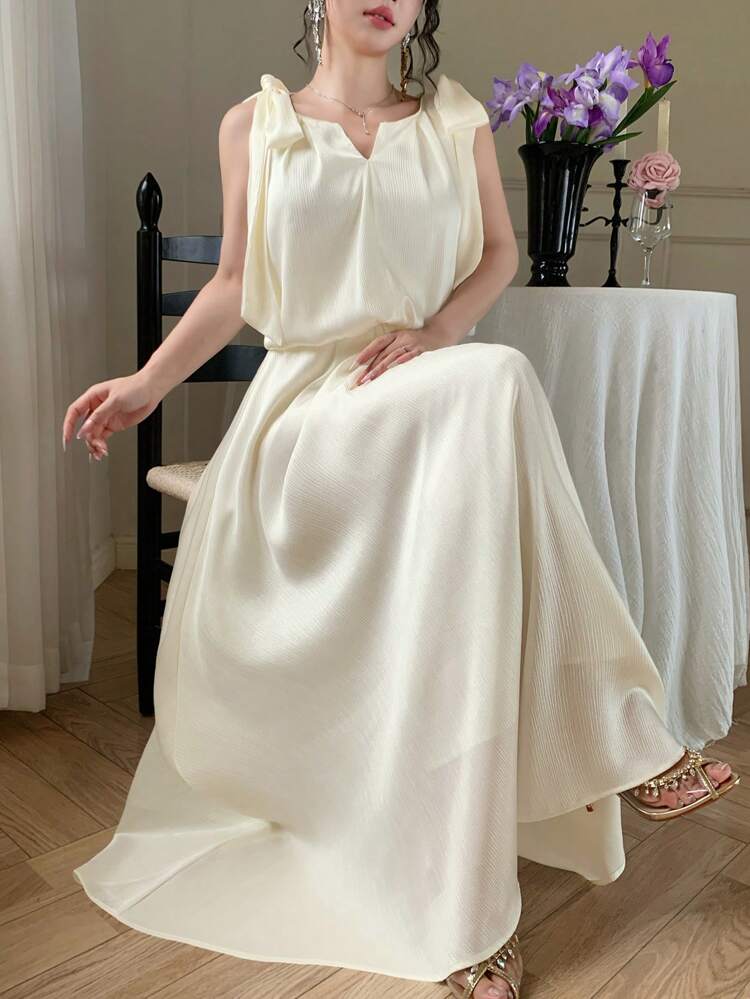 2 peças Conjunto de Blusa de Gola V Elegante de Chiffon com Laço na Frente e Parte Inferior, Roupa Casual de Resort de Cor Sólida para Escritório, Férias, Adequado para Casamento, Formatura, Festa