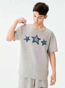 SHEIN Teen Boys Star Print T-Shirt & Shorts Set For Summer