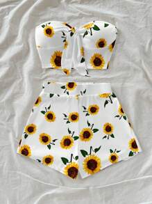 Soleia 女士休闲假日前系带抹胸上衣和迷你短裤套装，向日葵和花卉印花，适合夏季、春假、椰子女孩、女孩之旅、音乐节、假日服装、夏季服装、雏菊，适合外出 - 彩色 - 查看 6